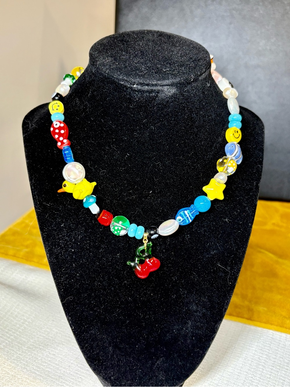 funky glass bead and pearl charm necklace